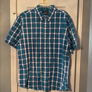 Chaps Stretch Poplin Short Sleeve Button Down Turquoise Blue & White Plaid Shirt